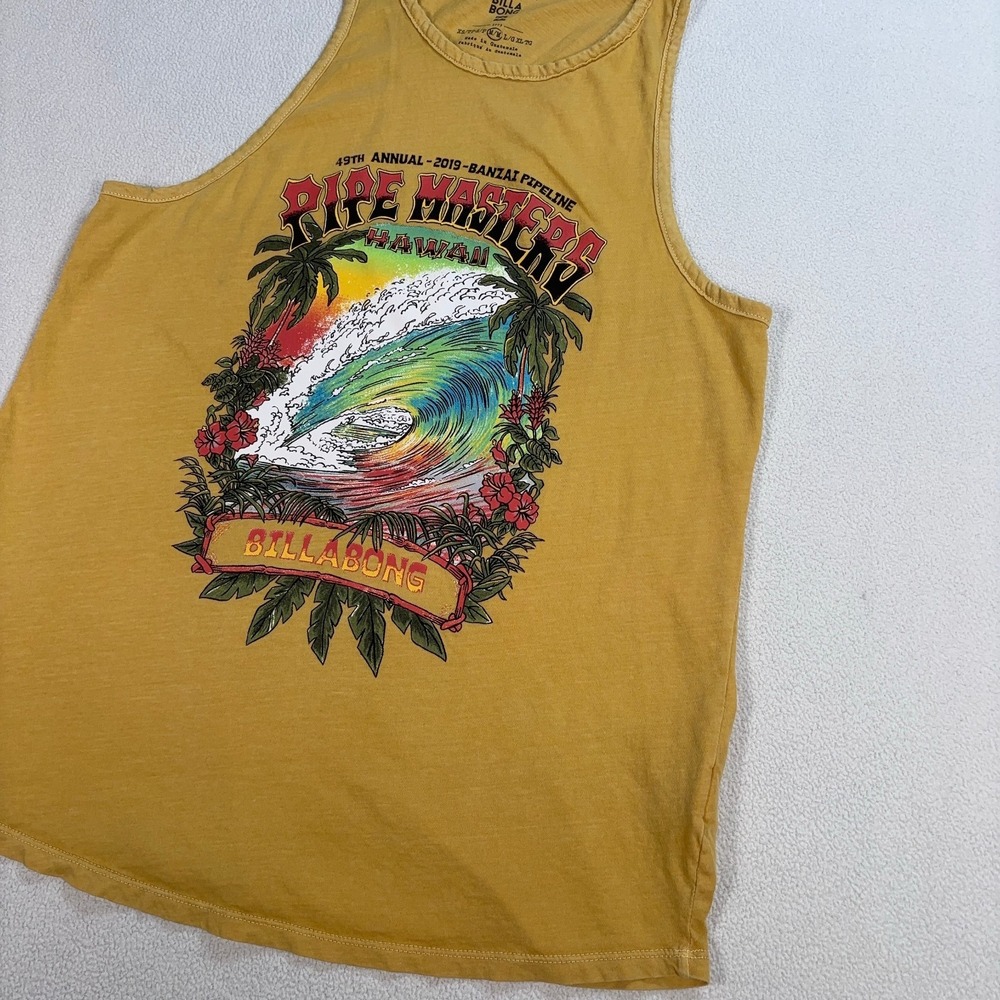 Billabong Graphic Tank Top Men's M Yellow Pipe Masters Hawaii Surf 2019 Banzai - Picture 5 of 15